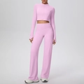 Ensemble de yoga rose avec veste zippée à manches longues, passe-pouces et pantalon large - Rose Sakura