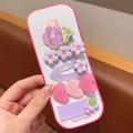 Kids hair clip set with acrylic purple flowers and pink hearts on handmade card - 5-Piece Purple Set