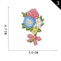 Floral embroidery patch with pink roses and blue flowers, size 4.7cm by 3.0cm - Bouquet with Bow