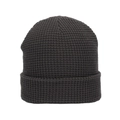 Macro detail of dark grey waffle knit pattern and folded cuff on the warm winter beanie - One Size / Black