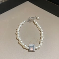 Elegant pearl bracelet with square moonstone pendant and adjustable extension chain - 55# Bracelet-White-Blue-Gold Plated