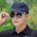 Men's dark blue cotton canvas cadet cap with sport metal emblem and flat top design - Adjustable / Navy Blue