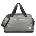 Silver-grey large capacity waterproof travel bag with black straps and HAPPY TRAVEL logo - Side Pocket Expandable Version / Dawn Grey