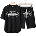 Ensemble de sport noir pour homme avec t-shirt à manches courtes et short à cordon et imprimé - M / Noir