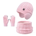 Kids winter set with cable knit fleece hat, neck warmer, and touch gloves in soft pink - 3-Piece Set - Two-Tone Pink