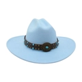 Light blue wool felt fedora hat with brown leather band and turquoise bead accents - One Size / Light Blue