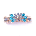 Detail of rose gold spring hair clip with blue and clear rhinestones in flower pattern - Style G / Blue