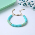 Blue polymer clay bead bracelet with gold accents and adjustable woven cord strap - Blue Polymer Clay