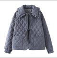 Women's loose quilted cotton jacket with diamond patterns and front tie-up closure - S / Gray