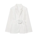 Detailed view of white blazer featuring waist-cinching 3D flower decoration - S / White