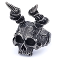 Close-up of gothic ram skull ring with vintage silver finish and detailed textures - US Size 8 / Gothic Ram Horn Skull Style (16106) / Antique Silver