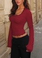 Top de manga larga para mujer en color rojo con encaje elegante y cuello en forma de U - S / Burdeos