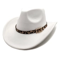 White felt western cowboy hat featuring leopard print band with gold buckle detail - White / M (56-58cm)