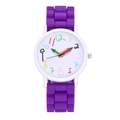 Detail of white watch dial with colorful numbers and pencil-shaped hands on purple strap - Purple