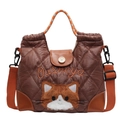 Brown quilted puffer tote bag with cute cat embroidery and orange adjustable shoulder strap - Brown