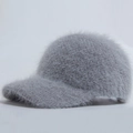 Casquette de baseball en tricot gris foncé en fausse fourrure de lapin douce pour l'hiver - Réglable / Gris