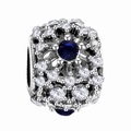 Silver hollow snowflake charm bead with white and deep blue zircon crystals - Hollow Rhinestone Round Bead / Sapphire Blue
