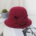 Elegant wine red wool felt cloche hat with a large decorative floral bow ornament - M / Four-leaf Rose / Dark Red