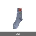 Baumwollsocke in Morandiblau mit rosa Tulpenmuster und Just Love Schriftzug - Einheitsgröße / Blau