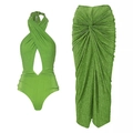 Sparkling lime green cut-out one-piece swimsuit and matching ruched maxi skirt set - S / Green Swimsuit Set