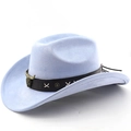 Detail of light blue faux suede cowboy hat with bronze bull head and star concho band - M (56-58cm) / Light Sky Blue