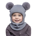 Close-up of grey baby knit hat with double faux fur pom-poms and integrated neck warmer - One Size / Light Gray
