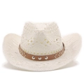 Détail d'un chapeau de cowboy en paille blanche avec bandeau cuir et rivets argent - M(56-58cm) / Blanc Pur