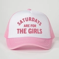 Detailed shot of pink and white trucker hat featuring Saturdays Are For The Girls print - Pink