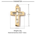 Macro view of gold stainless steel cross pendant with inset glass stones and dimensions - Gold Rectangle Rhinestone Cross Pendant (VG191)