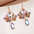 Detailed close-up of retro floral resin earrings with colorful crystals and teardrop pendants - Purple Butterfly