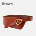 Minimalist wide brown leather waist belt with asymmetric design and golden triangle buckle - Brown