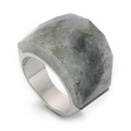 Polished silver titanium steel ring with a faceted translucent grey-green crystal stone - Grey Green (KR82745-GC)