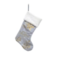 Silver grey Christmas stocking with white plush cuff and gold leaf patterns - 46x28cm / Silver Gray