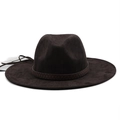 Classic dark brown wide brim suede fedora hat with a decorative woven band and drawstring - M (56-58cm) / Coffee (JXF-46510)
