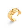 Adjustable golden stainless steel open ring with delicate feather motif engraving - Adjustable Open / Feather Open Ring