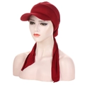 Detailed view of dark red pleated turban hat with sun visor and long tie back strings - Burgundy