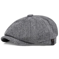 Classic newsboy cap with grey herringbone pattern and side leather tag detail - Gray