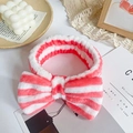 Pink and white striped plush headband with a large bow for skincare and makeup - Watermelon Red Stripes