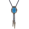 Vintage bolo tie featuring an oval blue gemstone crown base and black braided leather cord - 40 (Bronze with Blue Stone)