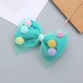 Turquoise mesh bow hair clip for girls with colorful fuzzy pom poms for hair styling - Green Hair Clip / Green