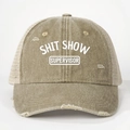 Detail of distressed khaki trucker hat showing breathable mesh and Shit Show Supervisor text - One Size / Khaki