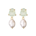 Detail showing green faceted gemstone earrings with hanging baroque pearls in gold finish - Light Green