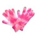 Close-up of pink and white tie-dye knit gloves showing touch screen conductive fingertips - Tie-Dye Rose Pink