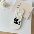 White low-cut cotton socks featuring a black cartoon cat pattern with a cozy home vibe - One Size / Boat Socks-White