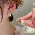 Pink square hoop earrings with white tulip oil drip design and silver needle posts - Pink Tulip Flower (Silver Pin)