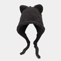 Close-up of cat ear knit beanie featuring thick mixed blue-grey yarn and long braided ties - Black