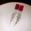 Elegant wine red velvet square earrings with shimmering rhinestone tassels for women - 47# Silver Earring Post - Gold - Red