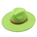 Detail of neon green wool fedora with brown faux leather band and gold stud accents - Adult 57-59cm / Fruit Green