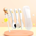 Toddler 4-piece stainless steel cutlery set with monkey cartoon handles in storage case - Monkey Set (Spoon+Fork+Knife+Chopsticks+Box)