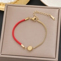 18k gold plated stainless steel bracelet with red cord and Fu character charm - Gold Fu Red Cord Patchwork Style (596)